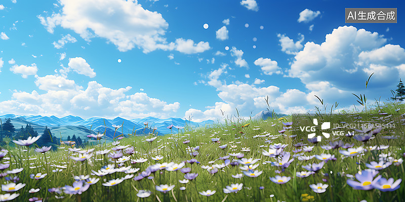 【AI数字艺术】春天夏天草坪花海和蓝天白云场景插画，节气概念插图背景图片素材