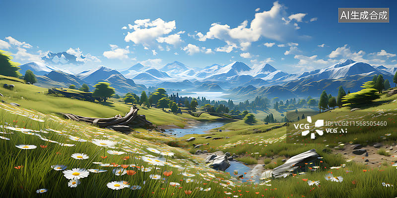 【AI数字艺术】春天夏天草坪花海和蓝天白云场景插画，节气概念插图背景图片素材