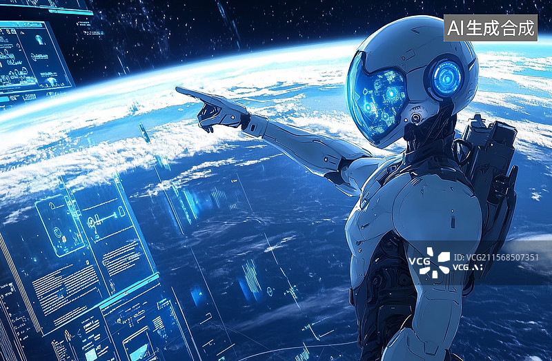 【AI数字艺术】机器人指向地球轨道上的虚拟界面图片素材
