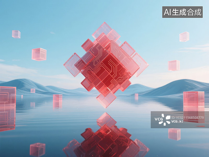【AI数字艺术】红色透明立方体在山水背景中图片素材