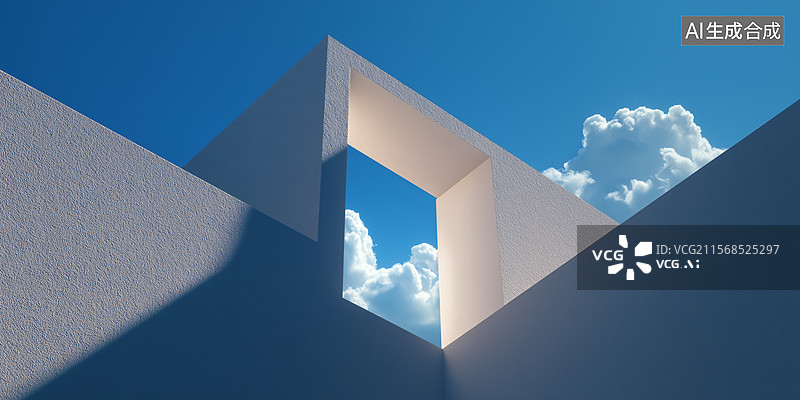 【AI数字艺术】几何建筑与蓝天白云图片素材