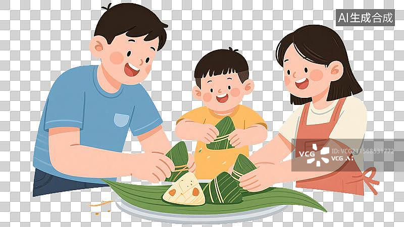 【AI数字艺术】端午节家庭团聚卡通风格儿童插画设计图片素材