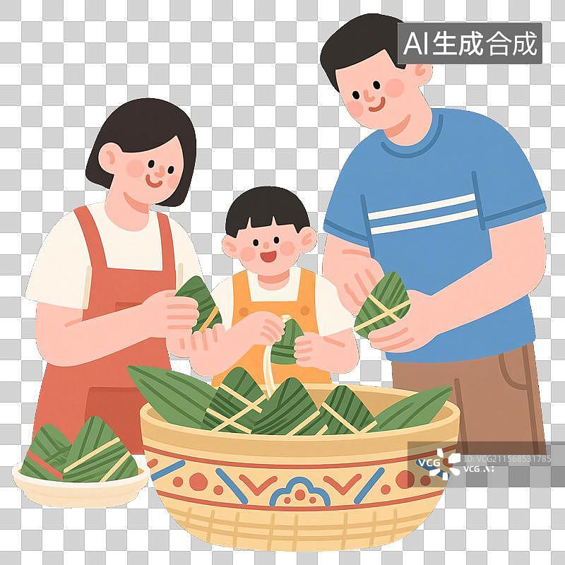 【AI数字艺术】端午节家庭团聚卡通风格儿童插画设计图片素材