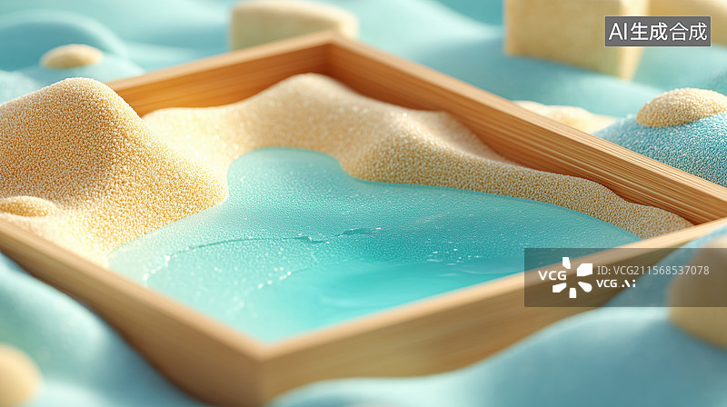 【AI数字艺术】晴朗夏日沙滩中的清澈小河局部3D卡通立体插画图片素材