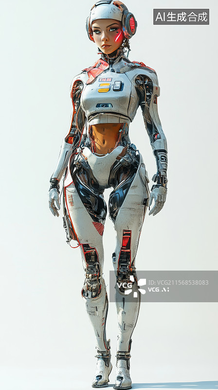 【AI数字艺术】未来女性机器人身穿模块化装甲展示细节图片素材