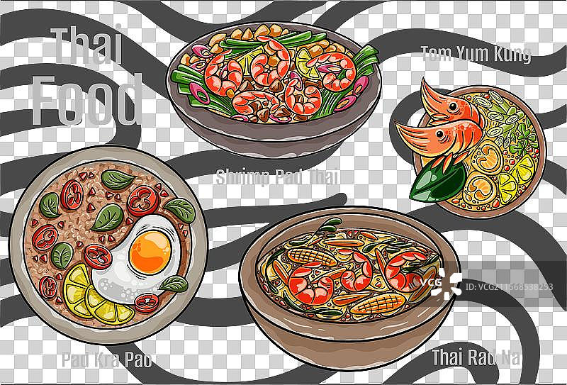 泰国受欢迎的食物，一套经典菜肴的卡通形象图片素材