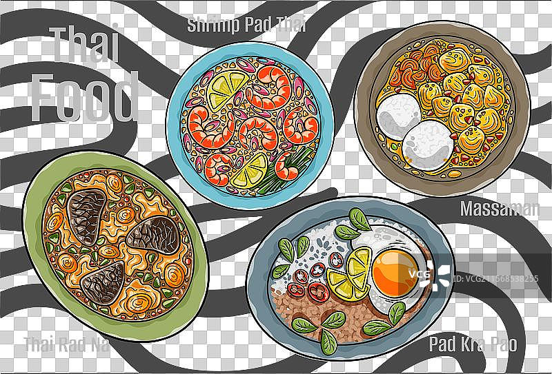 泰国受欢迎的食物，一套经典菜肴的卡通形象图片素材