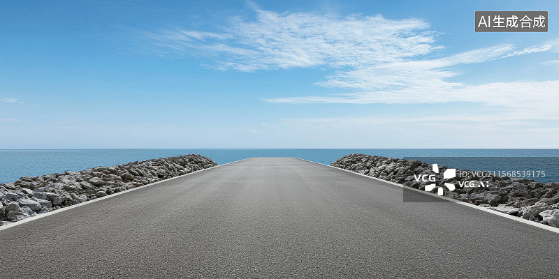 【AI数字艺术】黑色沙滩与海堤构成的宁静海岸线风光图片素材