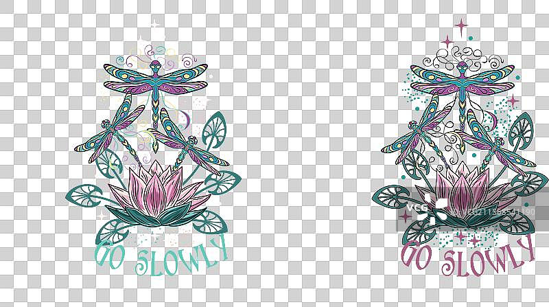 带有莲花、蜻蜓和仙女文字的标签图片素材