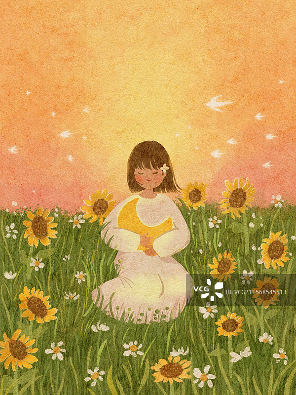 在日落时分怀抱月亮的女孩图片素材