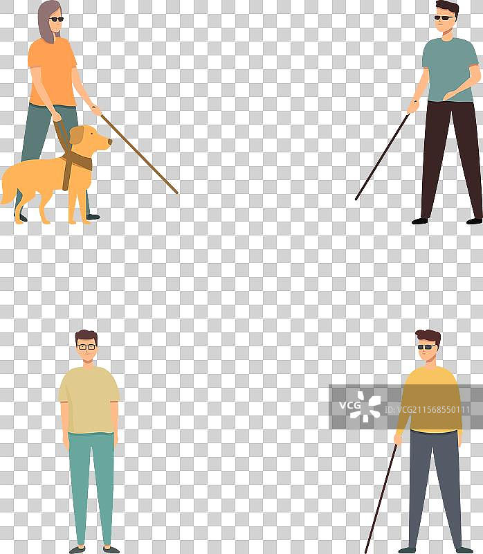 盲人图标集合，包括导盲犬和手杖图片素材