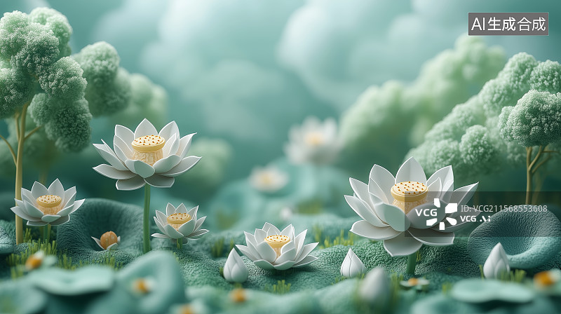 【AI数字艺术】梦幻般的莲花池景图片素材