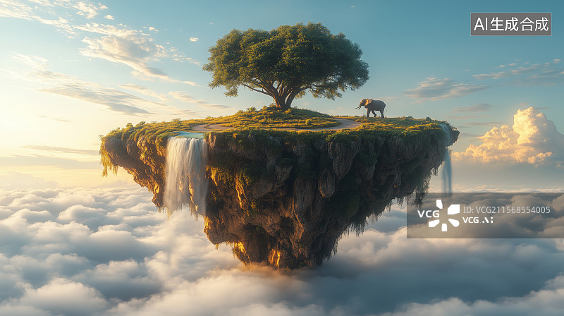 【AI数字艺术】浮空岛上的大象与树图片素材