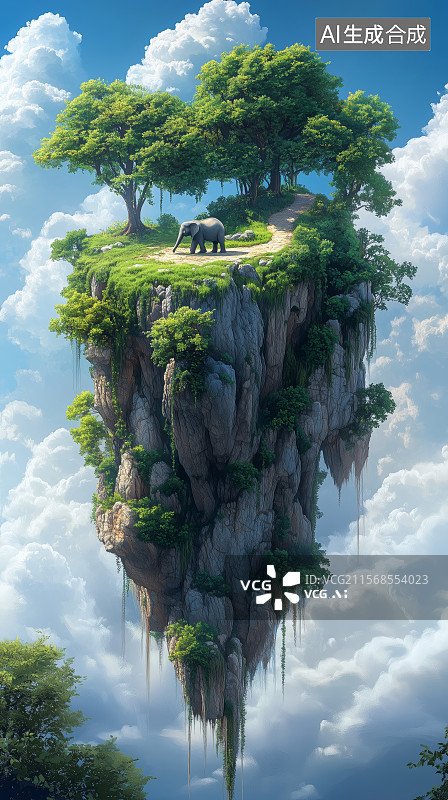 【AI数字艺术】浮空岛上的大象与树图片素材