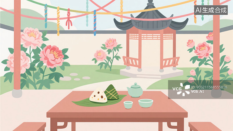 【AI数字艺术】古典园林端午节粽子场景古风摄影风格节日氛围图片素材