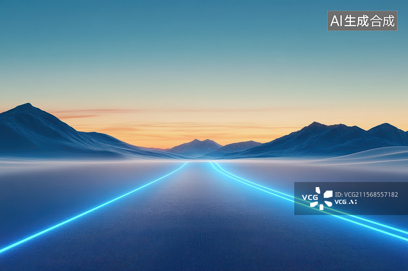 【AI数字艺术】日落时分的群山自然风光与发光科技感道路平台图片素材