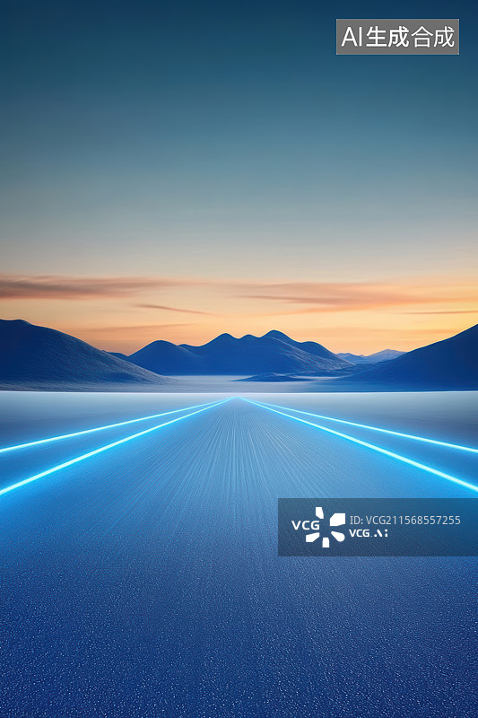 【AI数字艺术】日落时分的群山自然风光与发光科技感道路平台图片素材