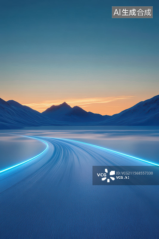 【AI数字艺术】日落时分的群山自然风光与发光科技感道路平台图片素材