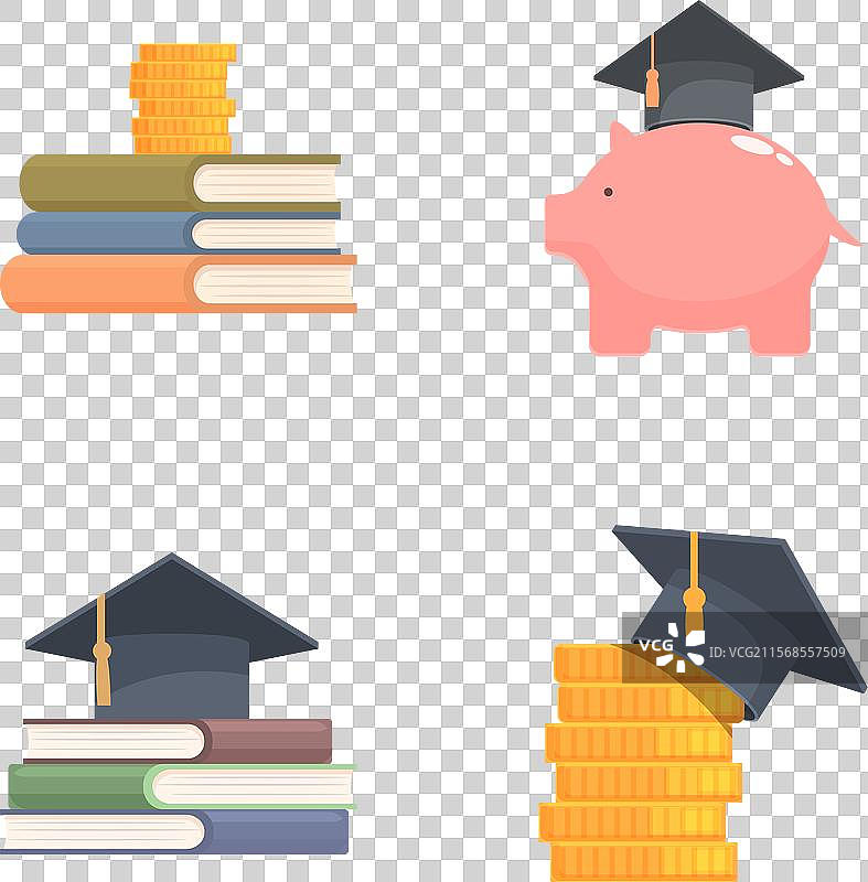 四幅展示书籍和毕业帽的图形图片素材