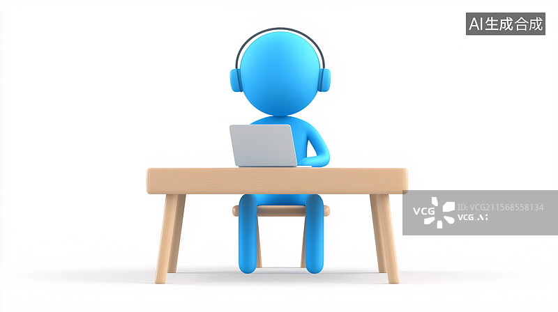 【AI数字艺术】在白色背景下使用电脑的抽象蓝色小人图片素材