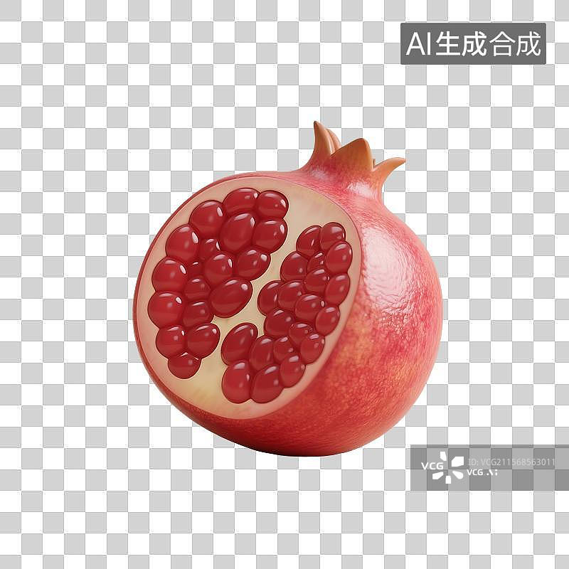 【AI数字艺术】3D渲染卡通水果，新鲜的红色石榴，秋天水果免抠元素图片素材