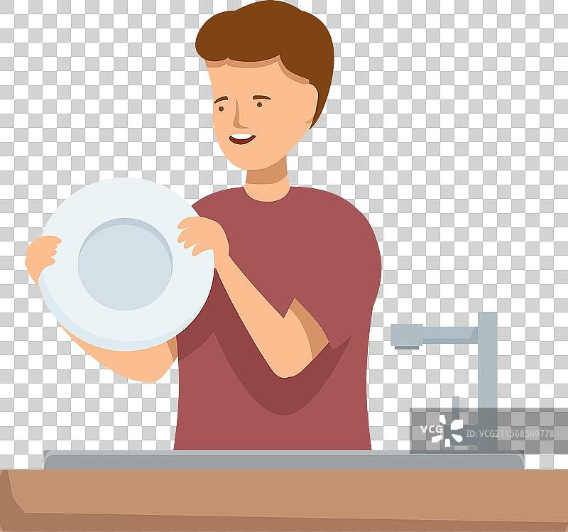 男人在厨房水槽里洗碗，手里拿着盘子图片素材