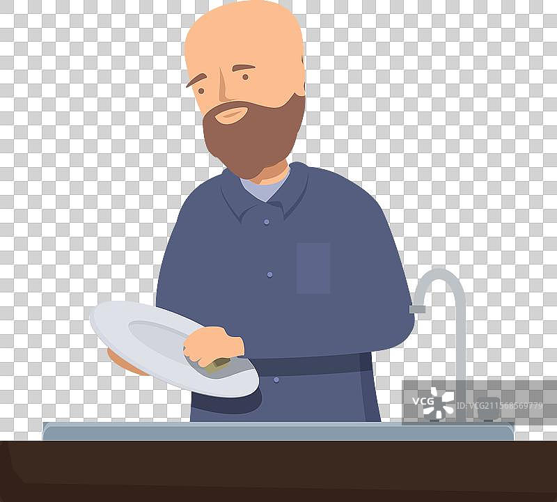 光头男子在厨房水槽里洗碗图片素材