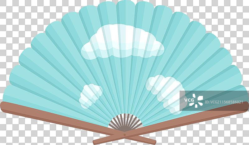 蓝色手扇上绘有传统云朵图案图片素材