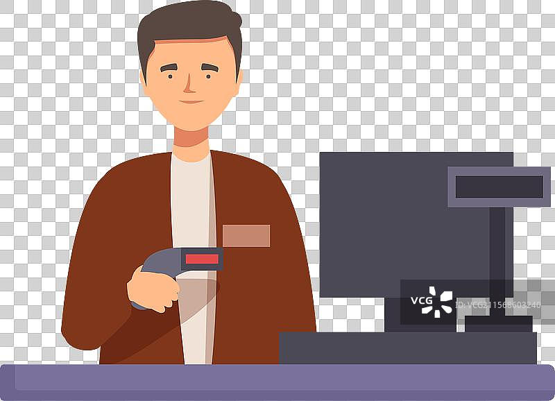 男性收银员手持条形码扫描器站在柜台前图片素材