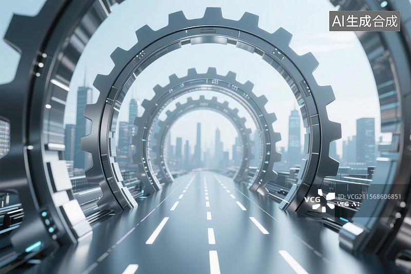 【AI数字艺术】未来城市齿轮隧道图片素材