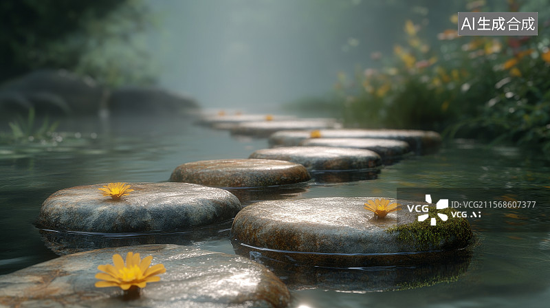 【AI数字艺术】溪流中的石阶与黄花图片素材