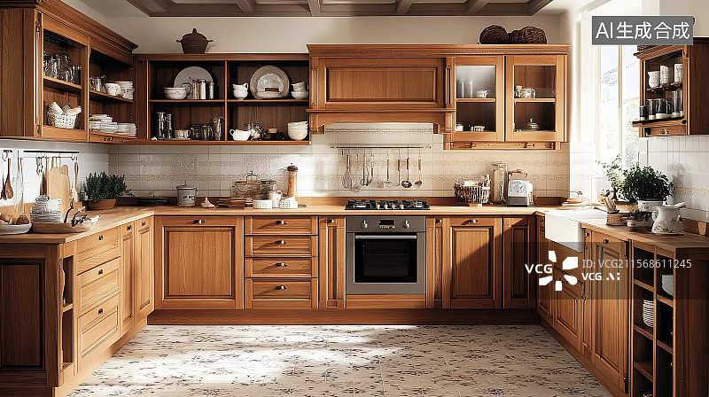 【AI数字艺术】美式乡村风格厨房实木橱柜复古拉手花砖地面3D室内装饰设计图片素材