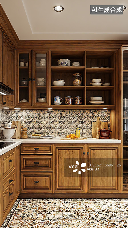 【AI数字艺术】美式乡村风格厨房实木橱柜复古拉手花砖地面3D室内装饰设计图片素材