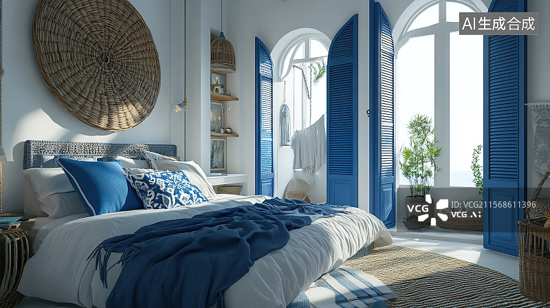 【AI数字艺术】蓝白色调地中海风情海景卧室拱门百叶窗大床3D室内装饰设计图片素材