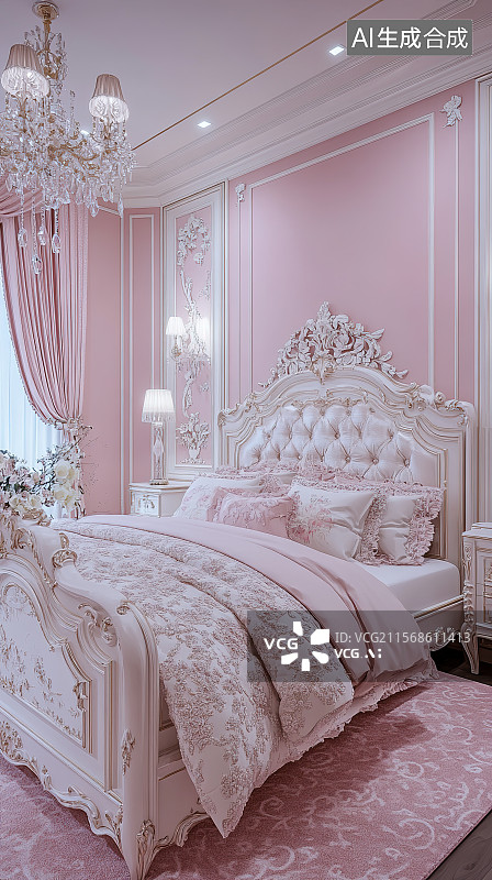 【AI数字艺术】法式优雅风格卧室雕花床蕾丝床品粉色墙面3D室内装饰设计图片素材