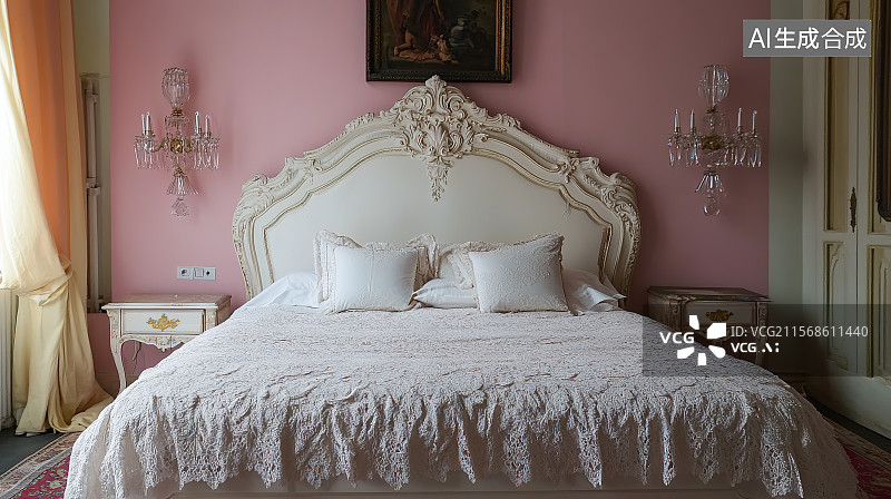 【AI数字艺术】法式优雅风格卧室雕花床蕾丝床品粉色墙面3D室内装饰设计图片素材