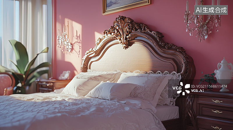 【AI数字艺术】法式优雅风格卧室雕花床蕾丝床品粉色墙面3D室内装饰设计图片素材