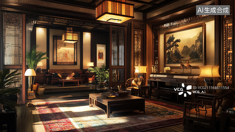 【AI数字艺术】新中式风格客厅中式沙发山水屏风3D室内装饰设计图片素材