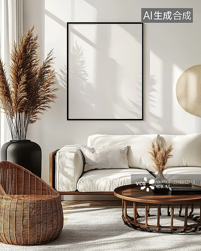 【AI数字艺术】现代波西米亚风格客厅样板间图片素材