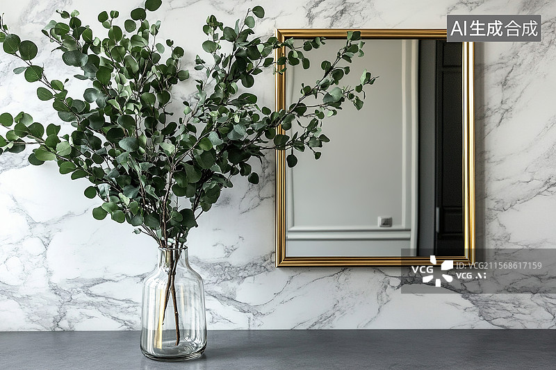 【AI数字艺术】金色边框镜与尤加利花束图片素材