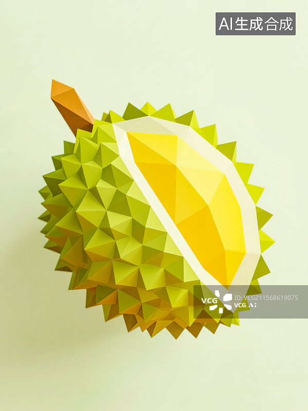 【AI数字艺术】一个剥开一半的榴莲 东南亚热带水果 3D三维立体折纸风格创意手工艺术彩色渐变抽象图形色块图片素材