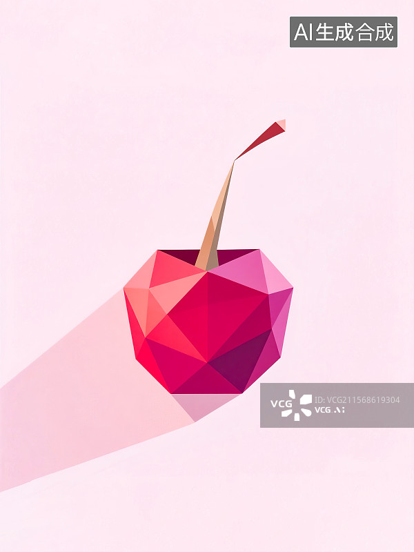 【AI数字艺术】一个红色的樱桃 3D三维立体折纸风格创意手工艺术彩色渐变抽象图形色块图片素材