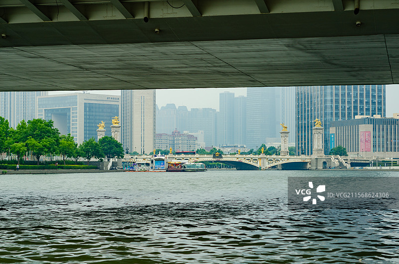 桥底下远望天津的北安桥图片素材