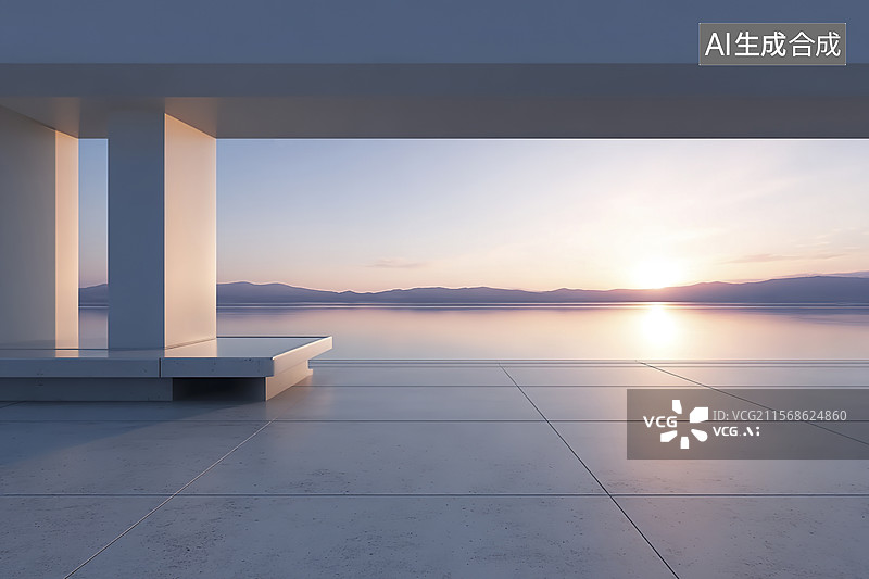 【AI数字艺术】现代极简露台与日落美景图片素材