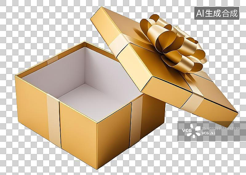 【AI数字艺术】打开状态的金色空白礼盒PNG免抠元素图片素材