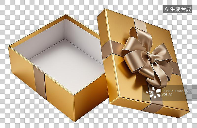 【AI数字艺术】打开状态的金色空白礼盒PNG免抠元素图片素材
