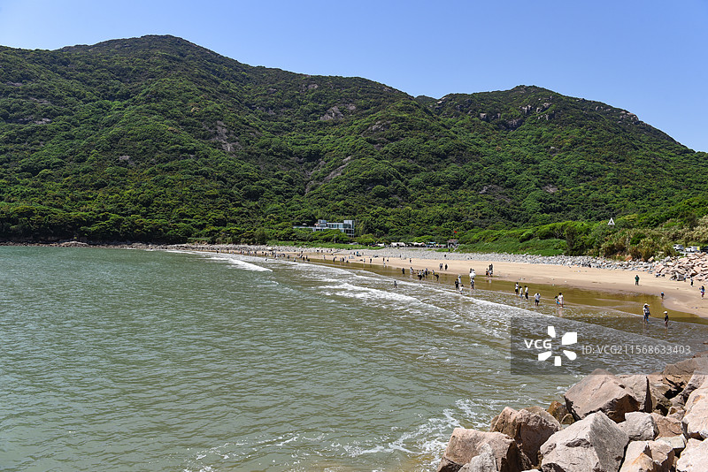 舟山大青山风景区青沙海滨沙滩海景浪花波涛全景风光图片素材