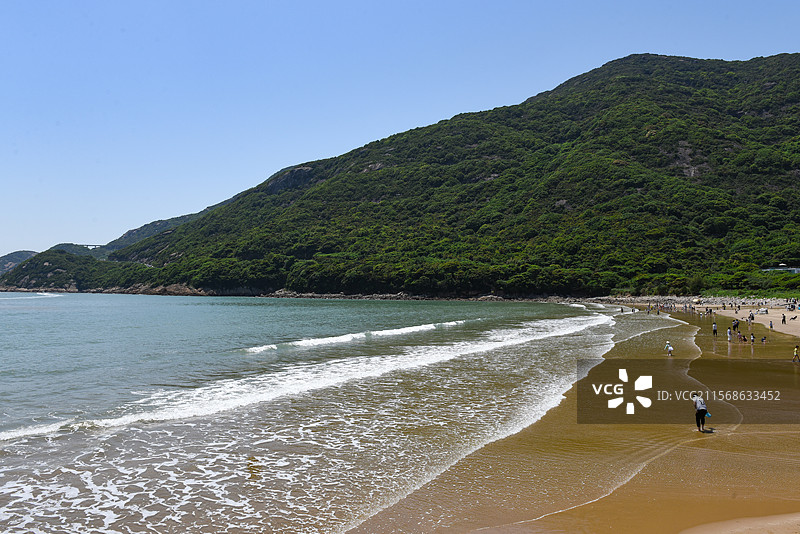 舟山大青山风景区青沙海滨沙滩海景浪花波涛全景风光图片素材