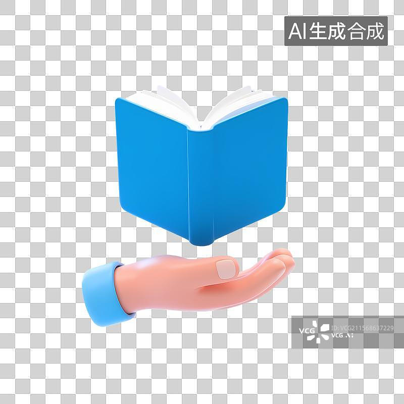 【AI数字艺术】3D卡通手掌托举蓝色书本图标图片素材