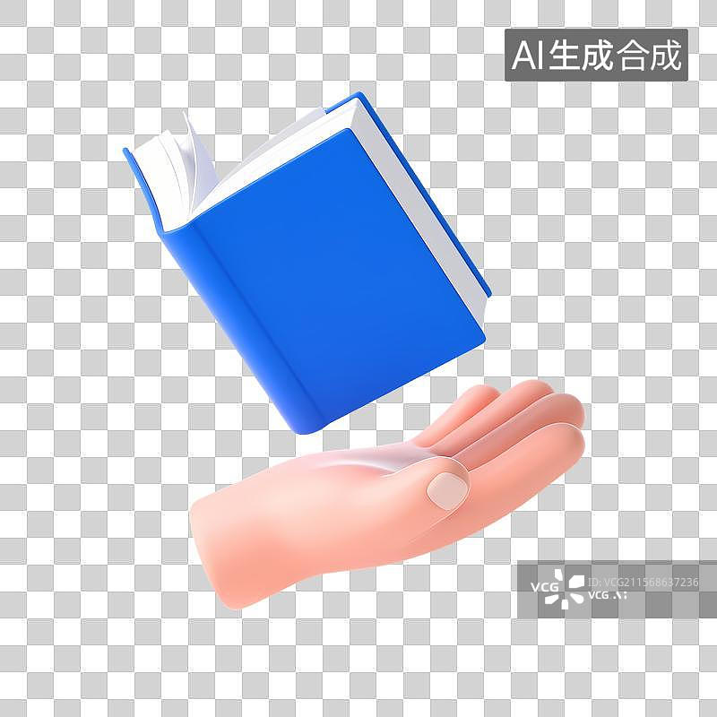 【AI数字艺术】3D卡通手掌托举蓝色书本图标图片素材